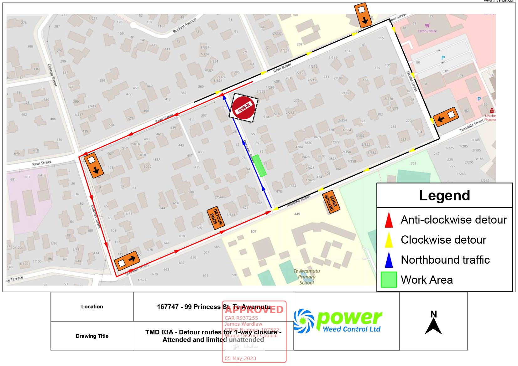 Detour map of one-way traffic management on Princess Street, Te Awamutu.