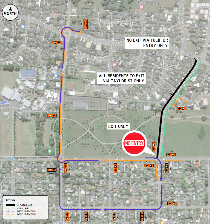 map of roadworks on Taylor Street and Tulip Drive in Cambridge. 