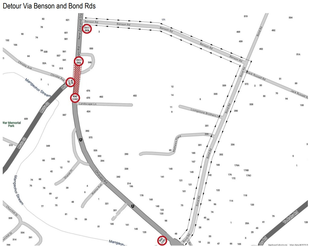map of detour via Benson Road and Shanel Place 