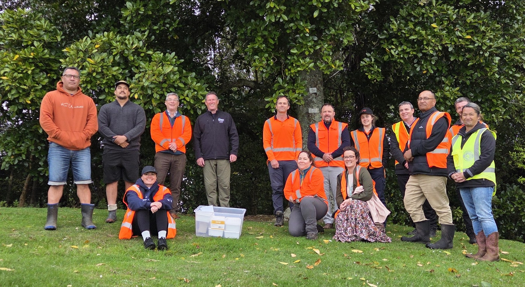 Mayor Mike Pettit and Councillor Dale-Maree Morgan, with representatives from Ngāti Hauā, NZTA, WSP and council staff attending the release of mokomoko to Pukemako Reserve.