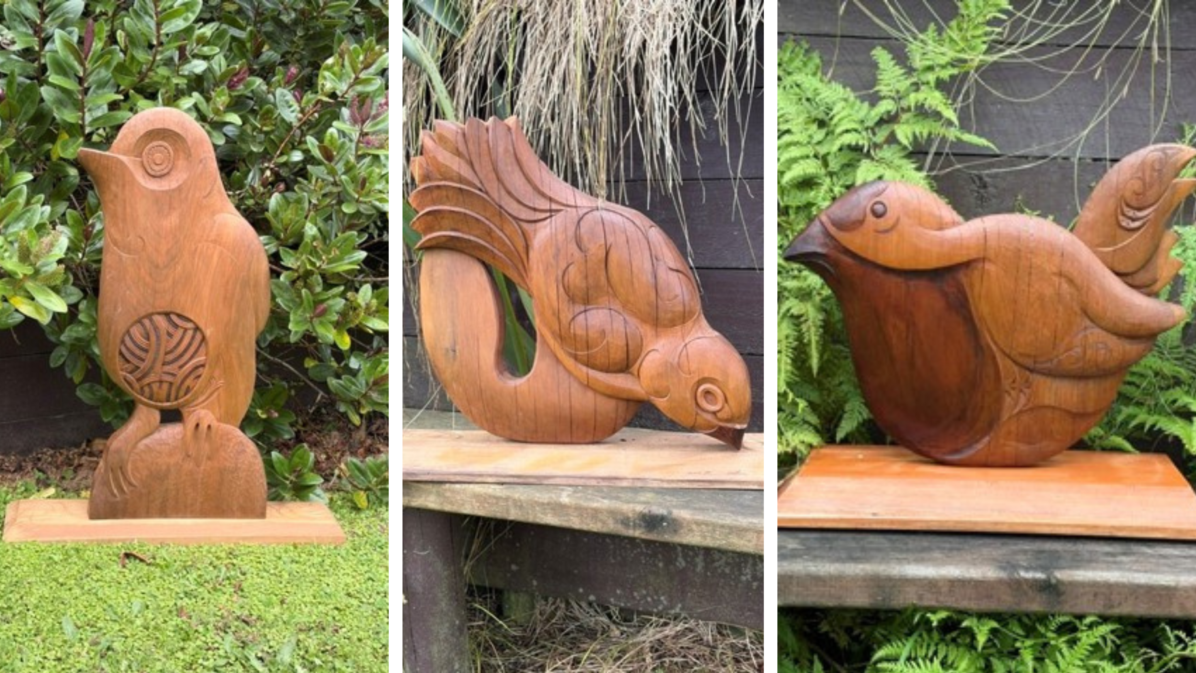 The three bird poupou carved by Taj: the Pītoitoi, Pōpokotea and Hīhī (l-r).