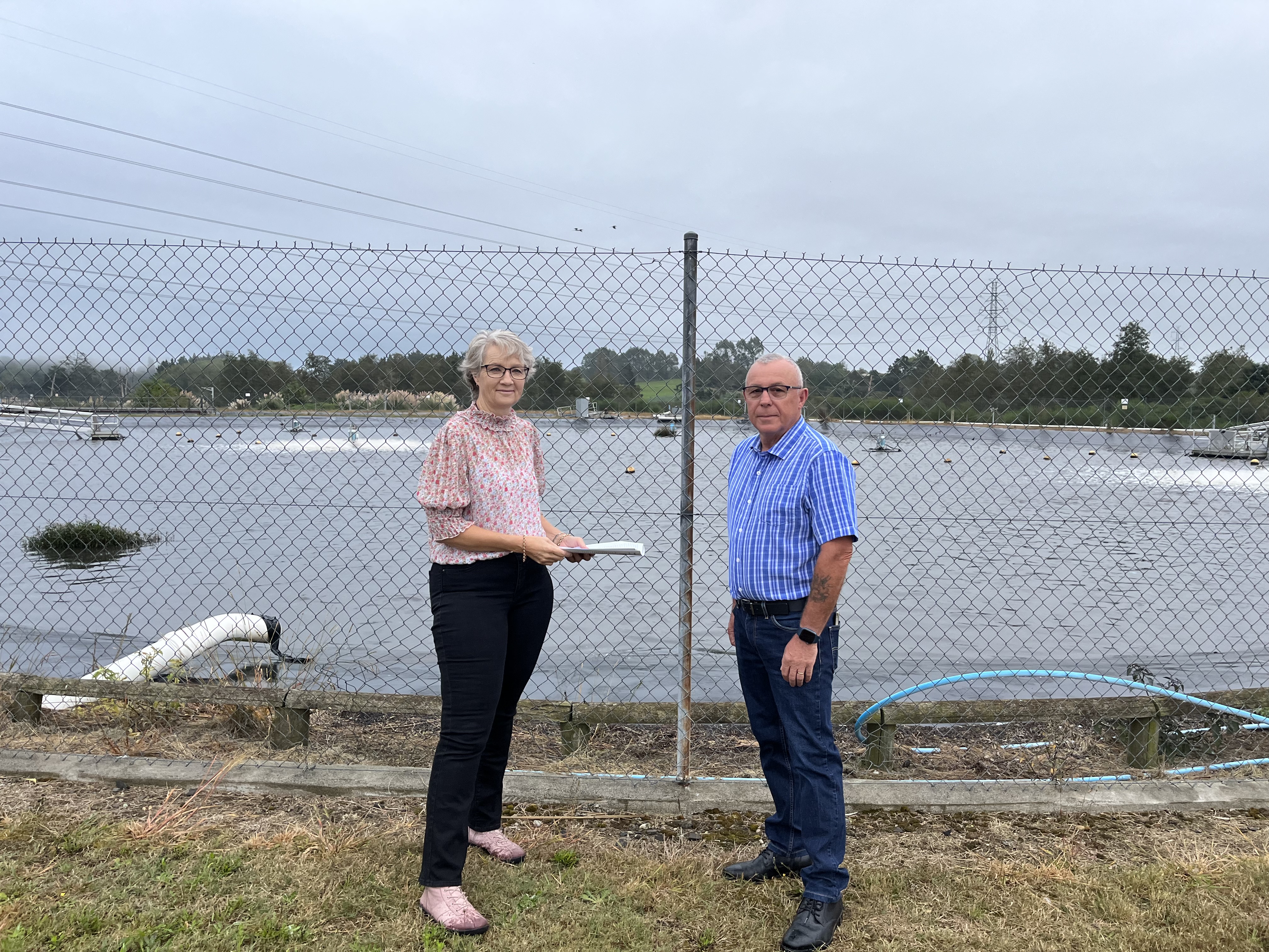 Dawn Inglis and Council’s water services manager Martin Mould on site at the existing wastewater treatment plant in Cambridge.  Contracts for a replacement plant have now been let.