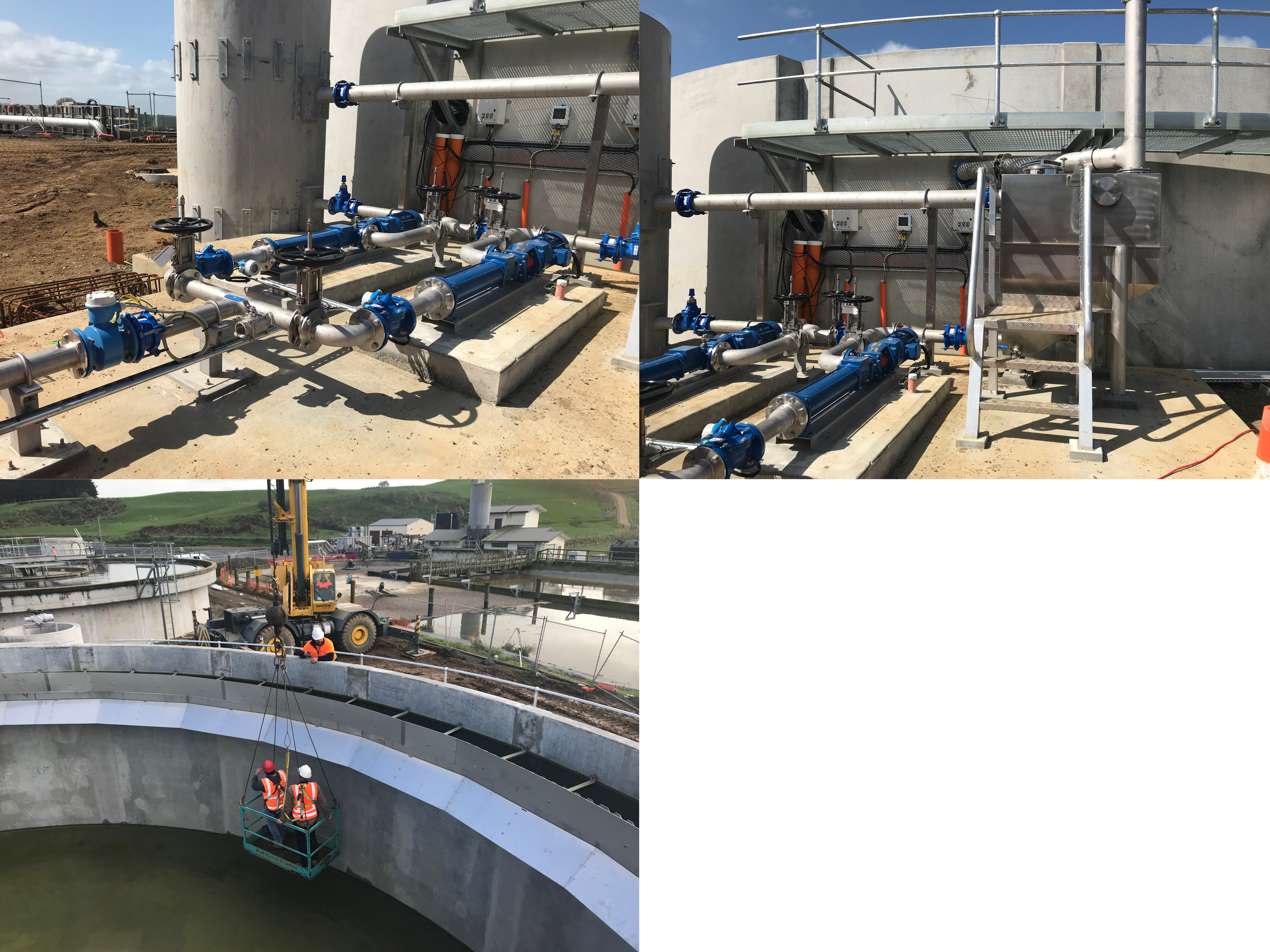 Top photos: New inlet area with pipes. Bottom photo: New Clarifier under inspection by Beca consultants (designer) and Spartan Construction (contractor).