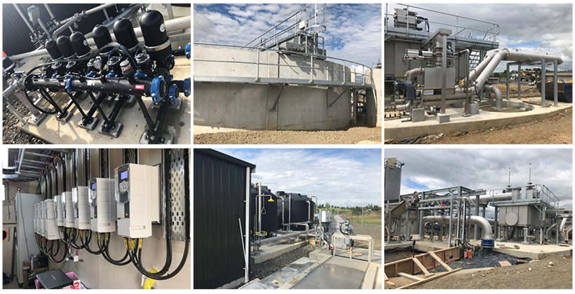 Finishing works taking place on the upgraded Te Awamutu Wastewater treatment Plant. From top (L-R): new UV system, clarifier and screen. Bottom (L-R): new electrical room, UV and screen.