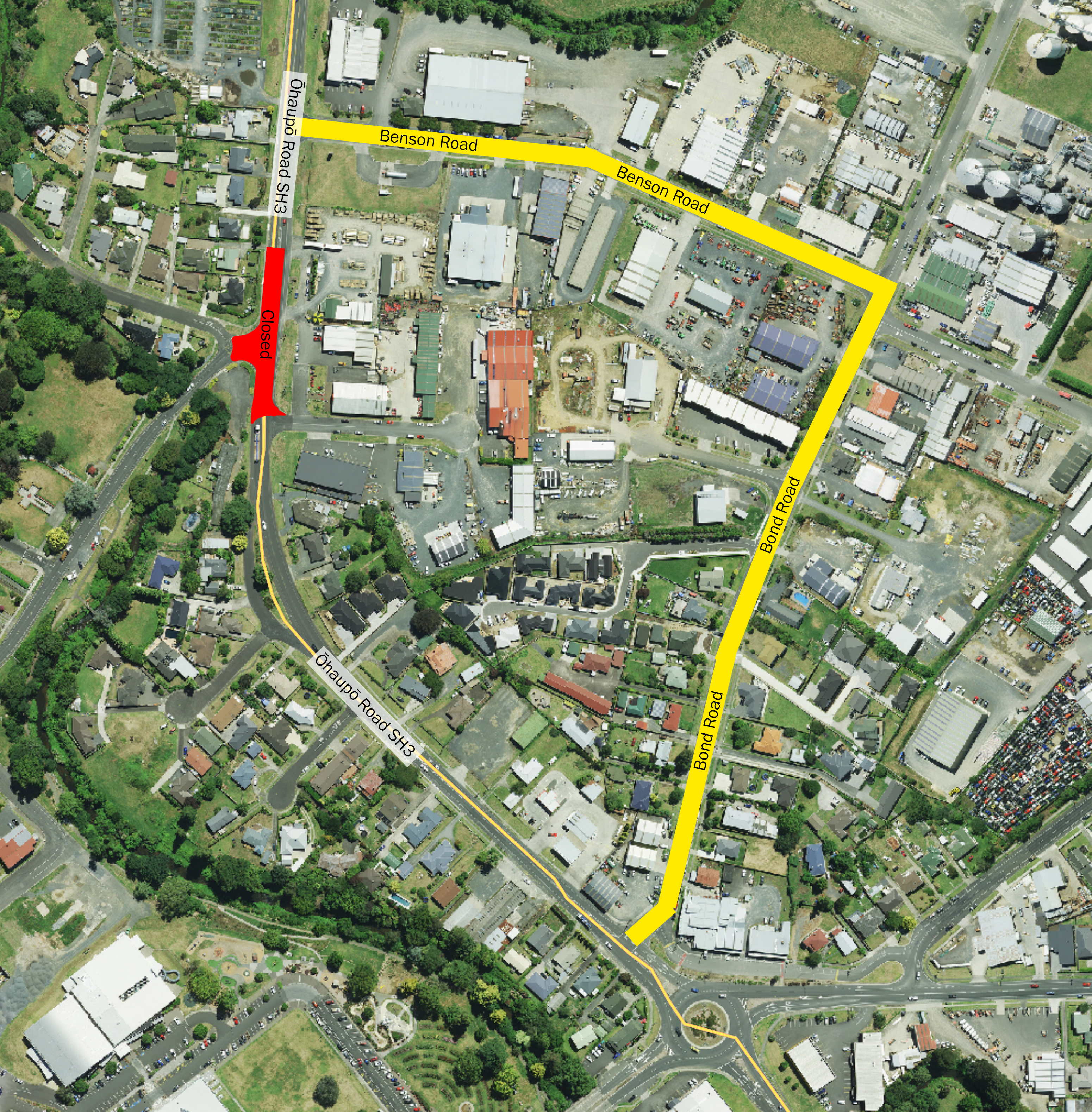 Map of Ohaupo Road/Mutu Street intersection closure 